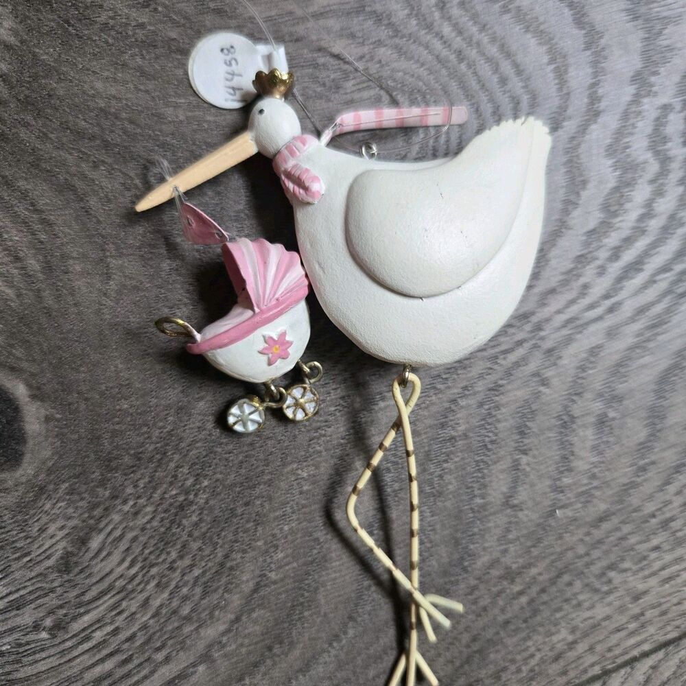 Flying Stork Baby Girl Ornament Pink Resin Carriage Hanging Nursery Decor 5 Inch